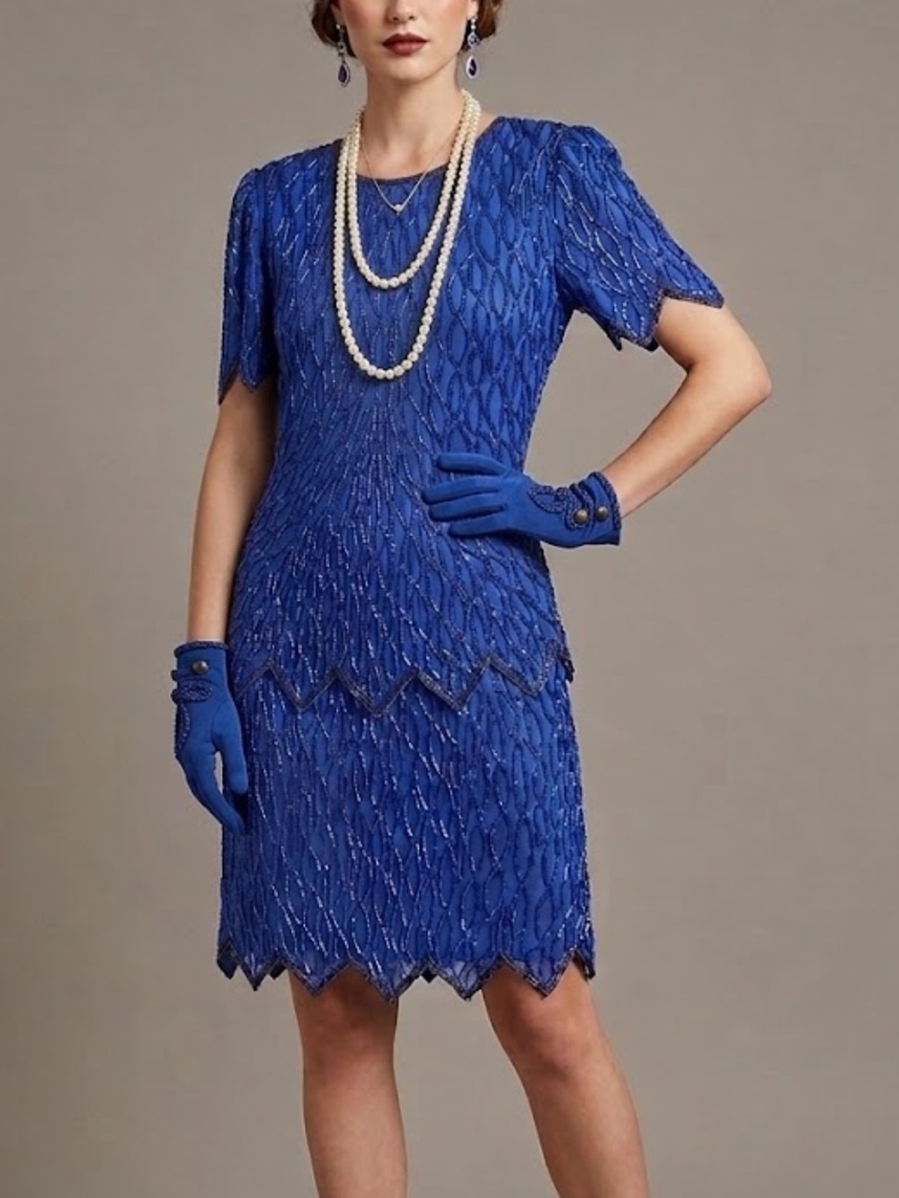 Vintage Laurence Kazar Sequin Silk Dress Petite M Blue Gatsby Vibes Retro Party